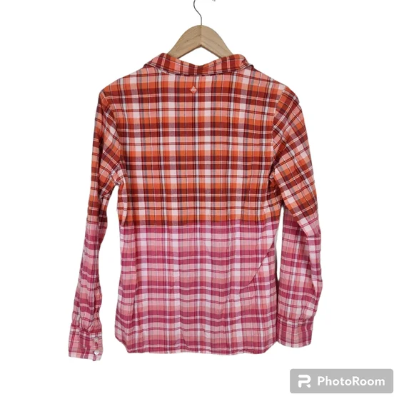 Prana Pink Orange Plaid Roll Tab Sleeve Button Down Shirt Top Sz L - Picture 7 of 7